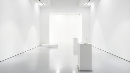 A minimalist white gallery with pedestals and a platform under bright overhead lighting.の素材