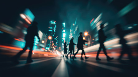 Silhouetted figures crossing a street at night with blurred teal and orange city lights.の素材