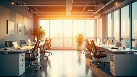 Bright office interior with desks chairs and computers near large windows with cityscape views and sunlight.の素材