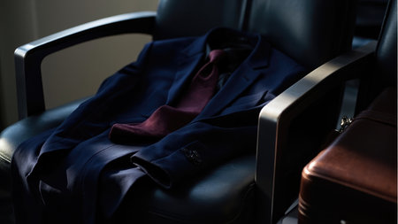 A navy blue suit and burgundy tie rest on a black leather chair, with a brown briefcase visible.の素材