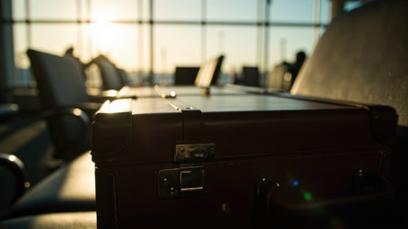 Brown suitcase in an airport terminal with sunlight and blurred background of chairs and windows.の素材