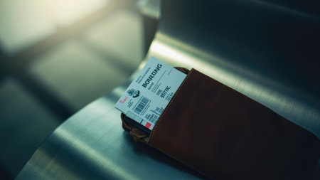 A brown leather wallet holding an airplane ticket on a metallic surface with soft lighting and a blurred background.の素材