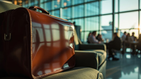 A brown leather briefcase rests on a green sofa near a large window with blurred people.の素材