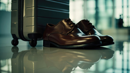 Brown leather shoes and a suitcase on a reflective surface, blurred background.の素材