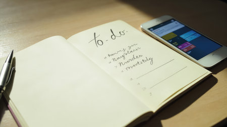An open notebook with a handwritten to do list and a smartphone on a wooden surface.の素材