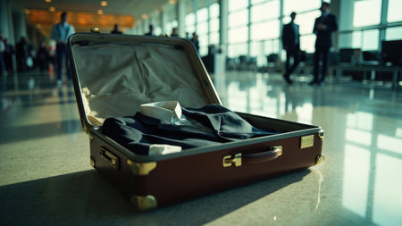 Open brown suitcase with suit and shirt on a shiny floor, blurred figures in the background, bright sunlight.の素材