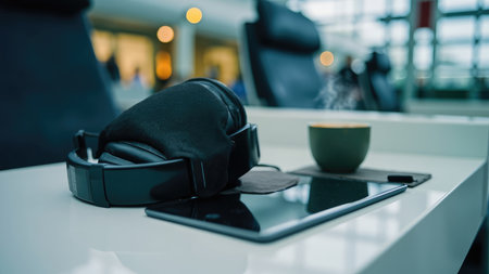 Black headphones, tablet, and green cup with steam on a white surface, blurred background.の素材