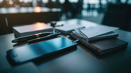 Smartphone pens and notebooks on a table with natural light and blurred background creating a moody atmosphere.の素材