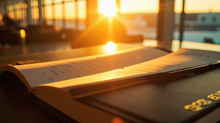 Open book with handwritten notes illuminated by golden sunlight creating a warm and inviting atmosphere.の素材