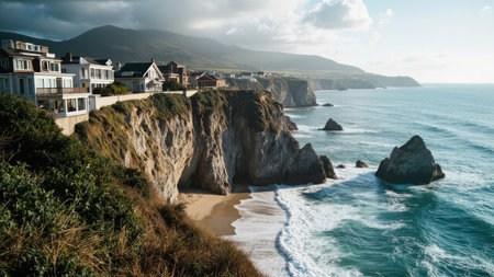 A coastal scene featuring houses on a cliffside, ocean waves, and distant mountains under a cloudy sky.の素材