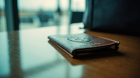 Brown leather passport on a wooden table with blurred background and natural light.の素材