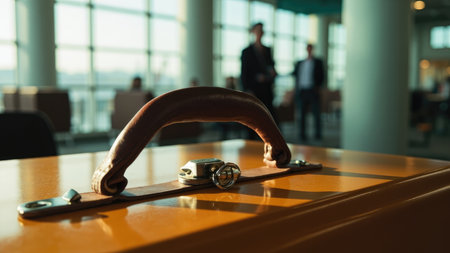 Close up of a brown leather suitcase handle with metal hardware on a wooden surface with blurred background.の素材