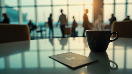 A steaming cup of coffee and a card on a reflective table with blurred figures in the background.の素材