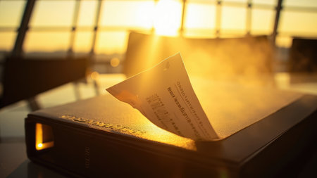 A receipt partially emerges from a dark leather book, bathed in golden sunlight.の素材