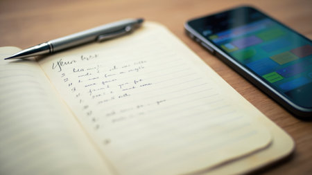 Notebook with handwritten list and pen next to a smartphone on a wooden table with soft lighting.の素材