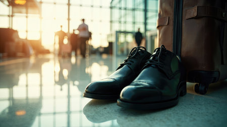 Black leather shoes and brown suitcase on a glossy floor in an airport terminal with blurred people in the background.の素材