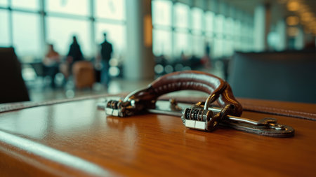 A brown leather suitcase handle and lock are in focus on a wooden surface with a blurred airport background.の素材