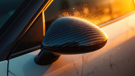 A close-up of a car side mirror with a carbon fiber texture and golden light particles.の素材