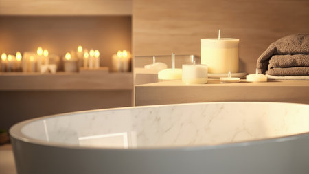 A marble bathtub with lit candles and folded towels on a shelf creating a spa-like atmosphere with soft lighting.の素材