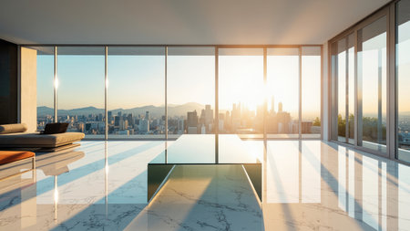 Interior of a luxury apartment with large windows and a cityscape view at sunset.の素材