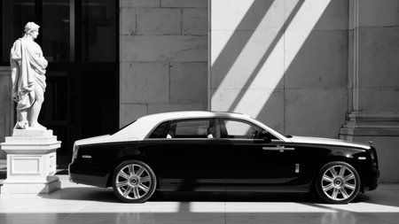 A black and white  showing a luxury car parked next to a classical statue in front of a stone building.の素材