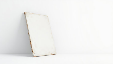 White canvas with a weathered wooden frame leaning against a white wall in a minimalist setting.の素材