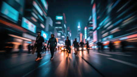 Blurred  of people walking on a city street illuminated by neon lights and car headlights.の素材