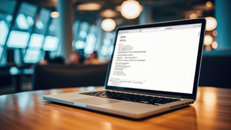 Laptop computer with a blank screen on a wooden table in a cafe setting with blurred background and warm lighting.の素材