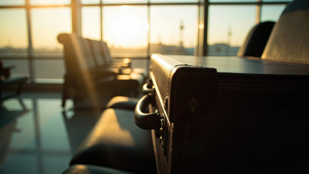 A brown leather suitcase sits on a seat in an airport terminal with sunlight streaming through the windows.の素材