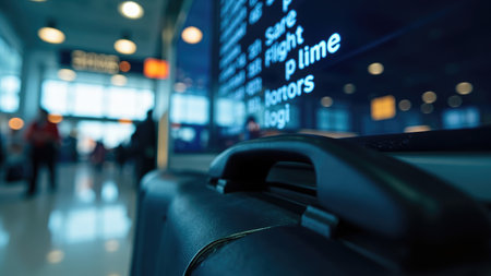 Black suitcase handle in focus with a flight information display and blurred figures in an airport setting.の素材