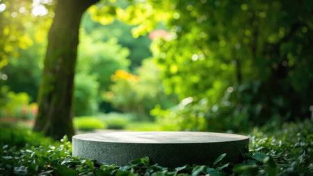 A round stone platform surrounded by green foliage, with a blurred background of trees and sunlight.の素材