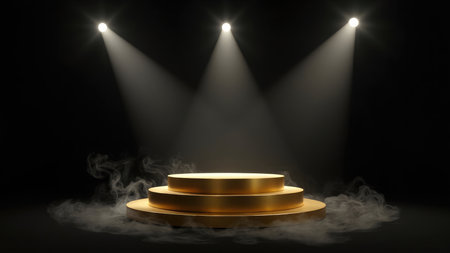 Gold tiered stage illuminated by spotlights with smoke against a dark backdropの素材