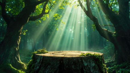 A tree stump covered in moss in a sunlit forest with light rays shining through the trees.の素材