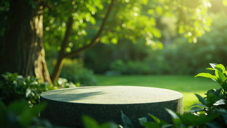 A green circular platform in a garden setting with sunlight and blurred trees creating a natural backdrop.の素材