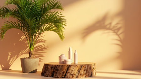 Green palm tree, cosmetics on a wooden stump, beige wall, shadows, natural light, minimalist style.の素材