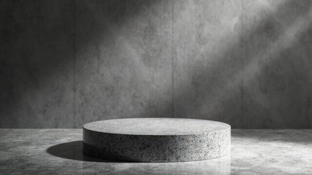 A gray concrete cylinder pedestal on a gray concrete surface with shadows and a textured gray backdrop.の素材