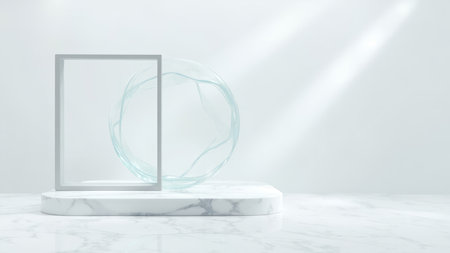 White backdrop with a marble platform, silver frame, and a transparent sphere with blue lines.の素材