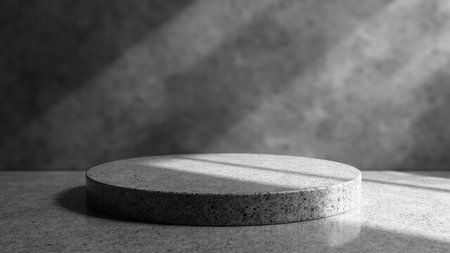 A gray stone circular platform with light and shadow against a textured gray background.の素材