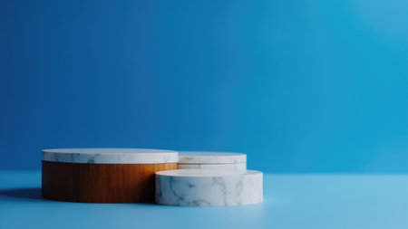 Three cylindrical platforms with wood and marble textures on a blue gradient background.の素材