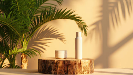 Beige cosmetic containers on a wooden platform with palm shadows and leaves against a beige wallの素材