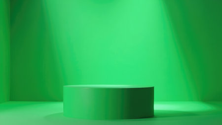Green cylindrical podium in a green studio setting with light and shadow effects.の素材
