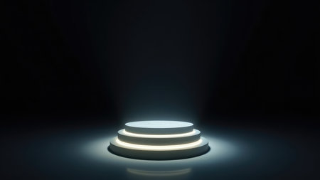 Three-tiered white podium with glowing lights in a dark studio setting.の素材