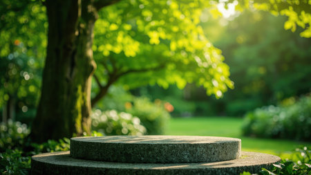 A stone pedestal in a green garden setting with a blurred background of trees and grass a natural outdoor sceneの素材