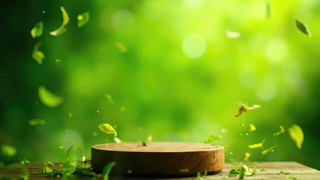 A wooden platform with falling green leaves against a blurred green background, creating a natural and organic scene.の素材