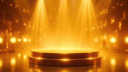 Golden stage illuminated by spotlights with a blurred warm-toned background.の素材