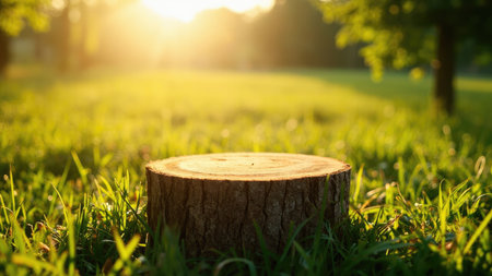 A tree stump sits in green grass with sunlight and a blurred background of trees.の素材