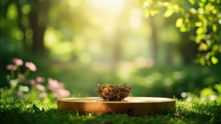 A bird's nest with an egg sits on a wooden platform in a sunlit forest scene with green grass.の素材