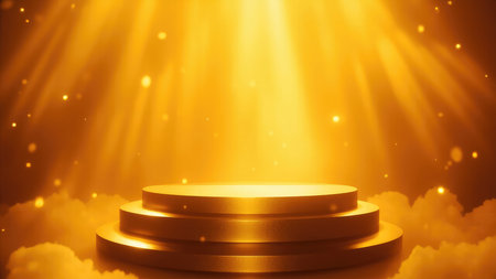 A golden tiered platform with light rays and floating particles against a warm orange background.の素材