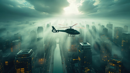 A helicopter flies over a foggy cityscape with sunlight breaking through the clouds.の素材