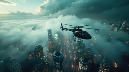 A black helicopter flies above a city enveloped in fog and illuminated skyscrapers, under a cloudy sky.の素材